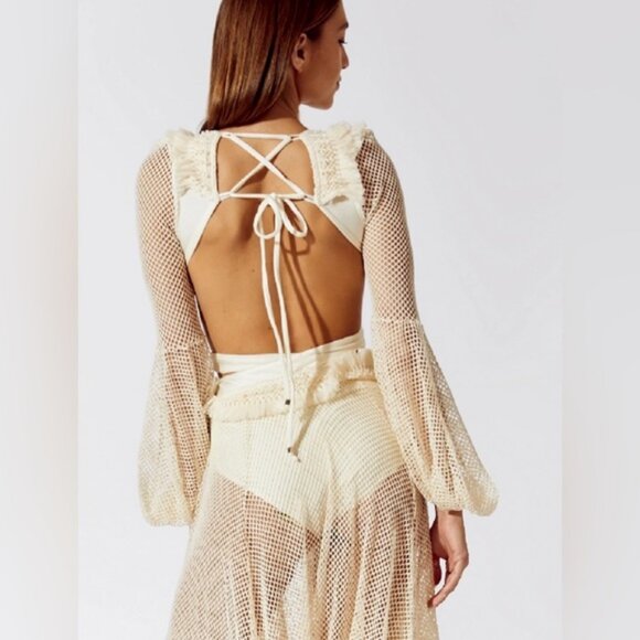 PatBO ! Netted Long Sleeve Fringe Beach Dress in Ivory ( Small ) - Picture 6 of 14